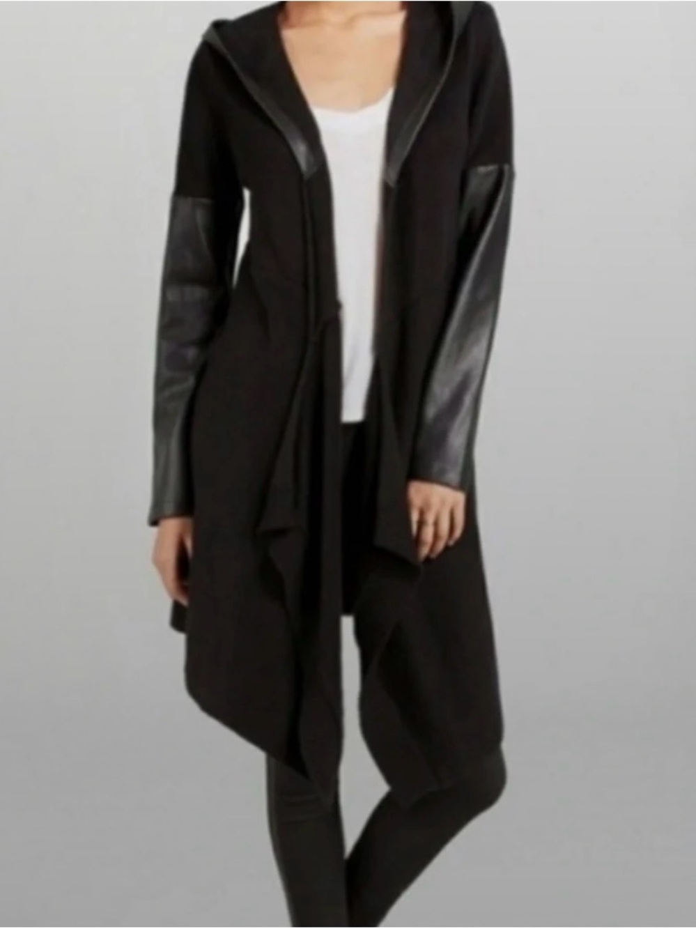 Blank NYC Black Hooded Draped Sweater with Faux-Leather Trim Size Medium